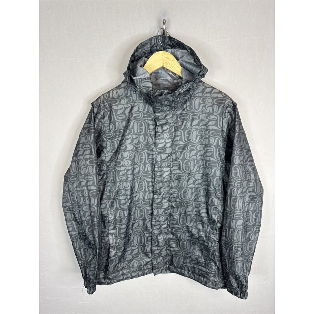 Native Northwest Orca Pattern Waterproof Windbreaker Jacket Mens M Salish Gray